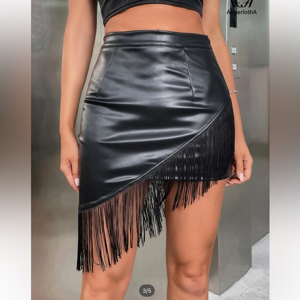 Asymmetrical fringe PU leather Skirt